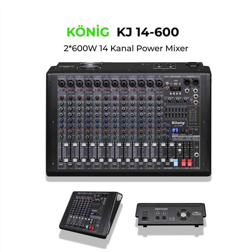 KÖNİG KJ-14-600 14 Kanal Power Mikser 2x600W – USB, Bluetooth ve DSP Efektli Profesyonel Amfili Mikser