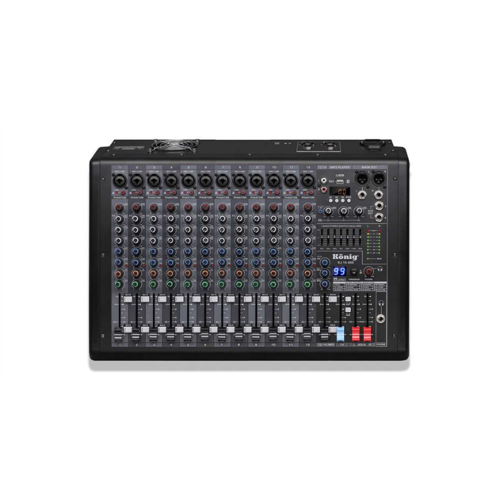 KÖNİG KJ-14-600 14 Kanal Power Mikser 2x600W – USB, Bluetooth ve DSP Efektli Profesyonel Amfili Mikser
