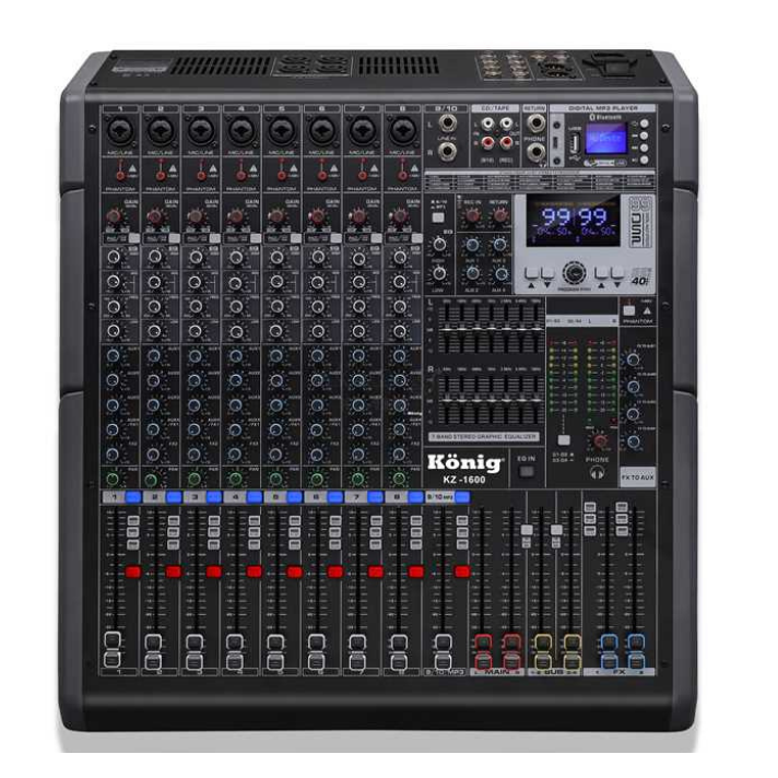 KÖNİG KZ-1600 10 Kanal Power Mikser 2x1600W – USB, Bluetooth ve DSP Efektli Profesyonel Amfili Mikser
