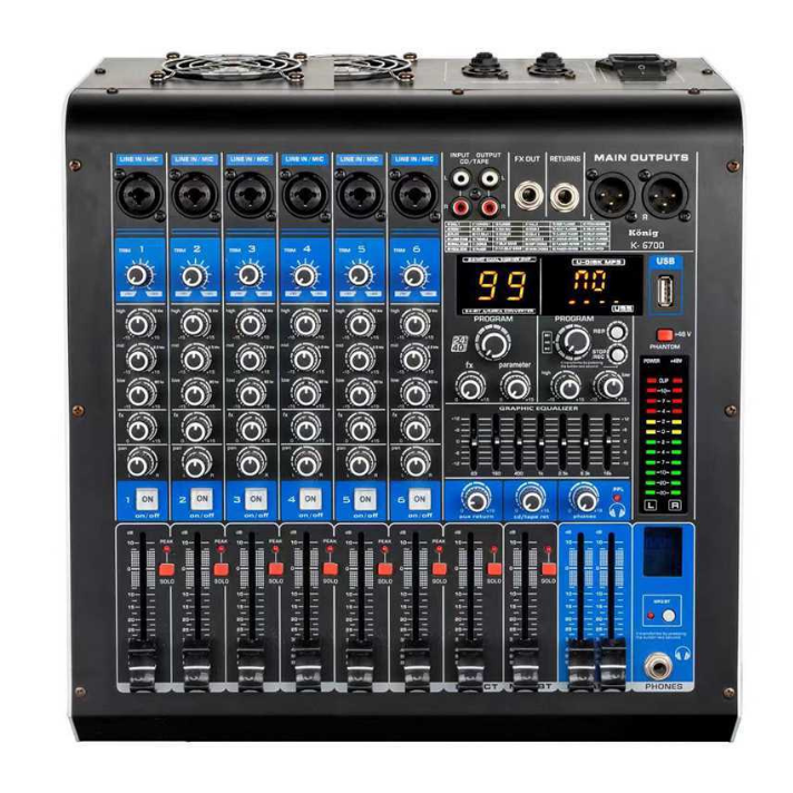 KÖNİG KA-6700 P 6 Kanal Power Mikser – 2x350W USB, Bluetooth ve DSP Efektli Profesyonel Amfili Mikser